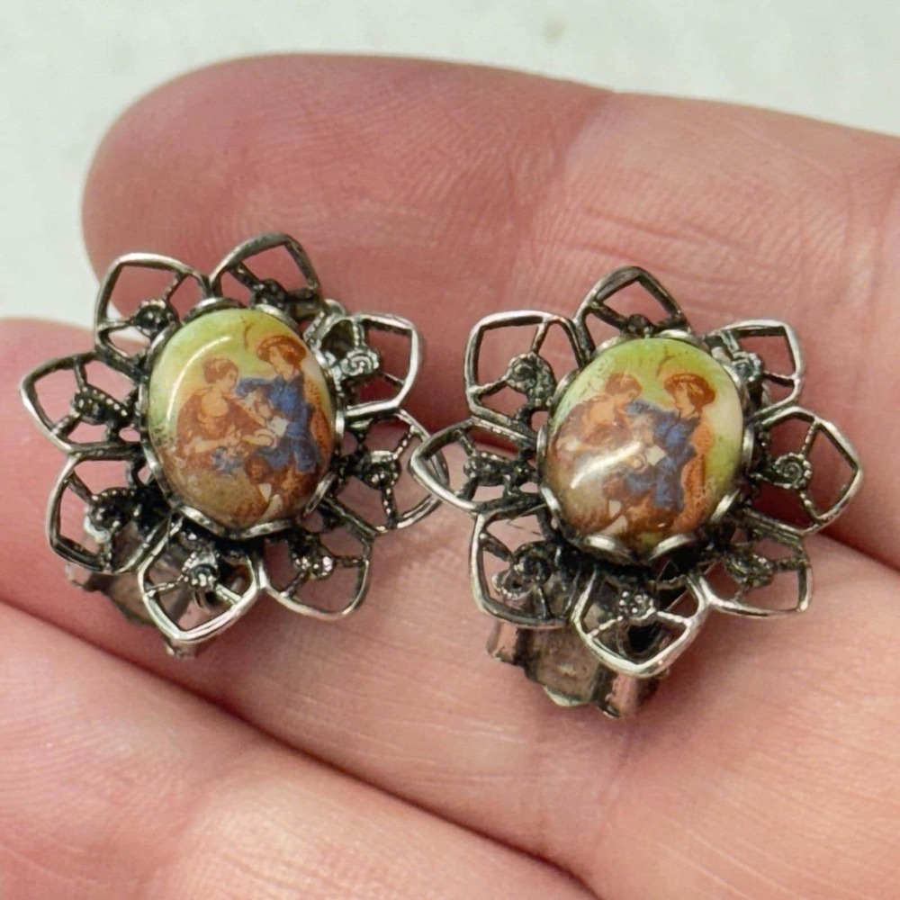 Vintage Courting Couple Porcelain Cabochon Clip On Earrings Silver Tone Filigree